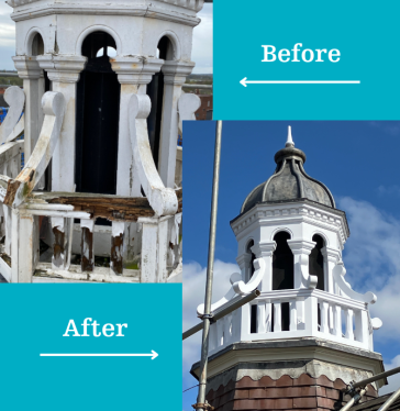 the cupola before and after pictures. A white cupola on the top of a building